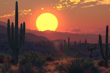 Wall Mural -  A quiet desert scene with towering cacti and a setting sun