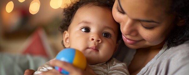 Loving mother holding child with toy