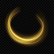 Rotating shining rings. Shine magic gold swirl with flare sparkles . Golden glowing shiny spiral lines effect. Curved yellow line light. Glittering wavy trail. Swirling glow dynamic neon circles.