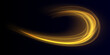 Rotating shining rings. Shine magic gold swirl with flare sparkles . Golden glowing shiny spiral lines effect. Curved yellow line light. Glittering wavy trail. Swirling glow dynamic neon circles.