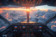 View from the Inside of the Cockpit on the Sky,
Cockpit of passenger airplane in flight against backdrop of sunset sky
