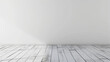 Mock up, realistic illustration of white wall background with sun and shadow and white wooden plank floor, copy space.