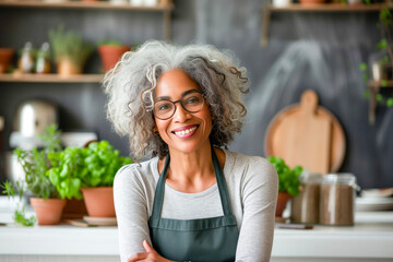 Wall Mural - A woman with a green apron and glasses is smiling in front of a kitchen counter