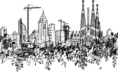 Wall Mural - Urban Barcelona City Skylines Line Art with Greenery, Detailed Sketch