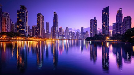 Wall Mural - An elegant evening city skyline, lights reflecting on a calm river, skyscrapers silhouetted against a twilight sky, capturing urban beauty. Resplendent.