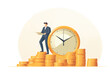 Business graphic vector modern style illustration of a business person next to a clock representing a deadline race time is money running out before issue project or contract is resolved finished
