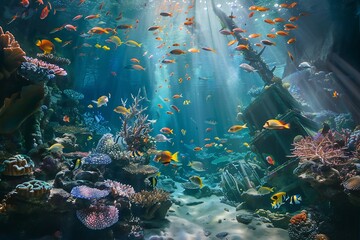Wall Mural - : An underwater kingdom with a dazzling array of corals, exotic fish, gentle sea turtles, and a towering shipwreck.