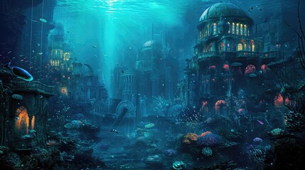 Canvas Print - An underwater city with bioluminescent coral, schools of colorful fish, and ancient ruins, all illuminated by the eerie glow of an underwater volcano. Resplendent.