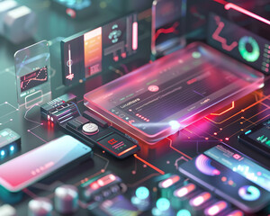 Conceptual illustration of battery life in portable tech, a 3D display showing various gadgets with energy levels and their usage times