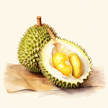 Thinly Sliced Fresh Tropical Fruits Such As Durian Are Placed On A Wooden Board.
