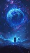 Celestial Dance An artistic depiction of an electric blue planet orbiting in the vastness of outer space within a galaxy, surrounded by moons and gas giants, creating a mesmerizing celestial event, in