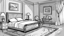 Illustrator Bed Room In Black And White Style