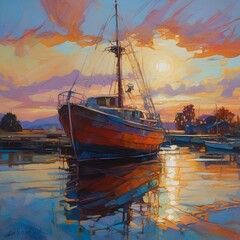 Poster - AI generated illustration of a serene sunset scene of a boat on water in a painting