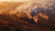 A vintage steam train chugging through a misty valley at dawn.