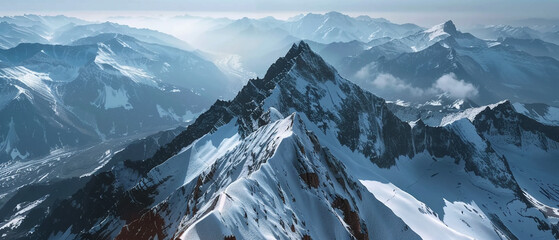 High-altitude drone photography capturing the majestic landscape of a mountain range, realistic 3D rendering showing fine details from above