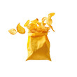 Crispy Potato chips fly out of yellow bag on transparent background, png	