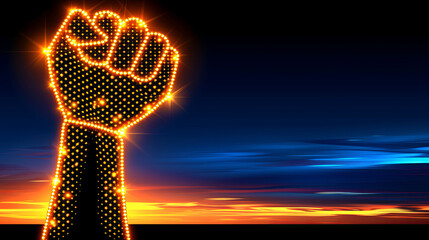 Wall Mural - A hand with a fist is lit up with lights and is on a dark background