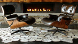 Fototapeta Kosmos - Two leather chairs are sitting in front of a fireplace