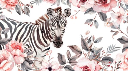 Poster - Zebra with Flowers
