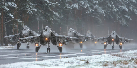 Wall Mural - A group of fighter jets are lined up on a runway, ready to take off