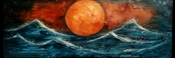 Poster - A painting of a large orange sun on the water