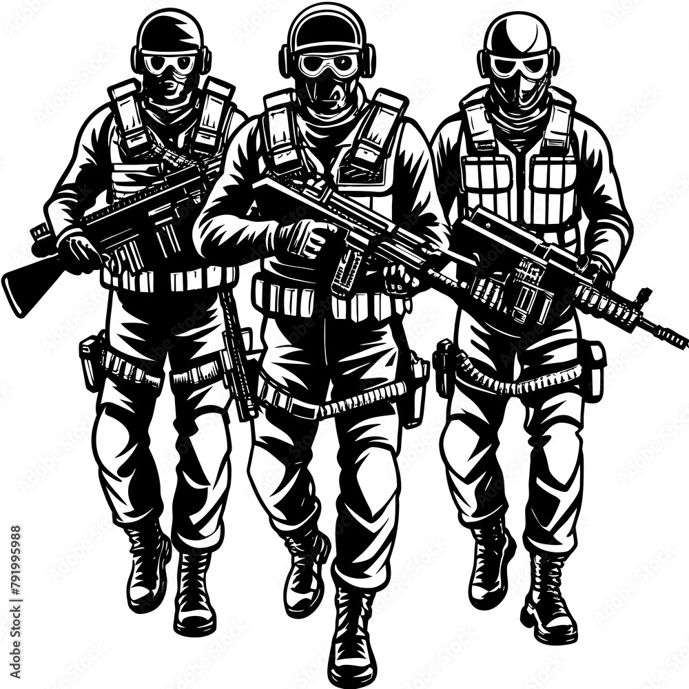 Special forces tactical team of three in action, unmarked and ...