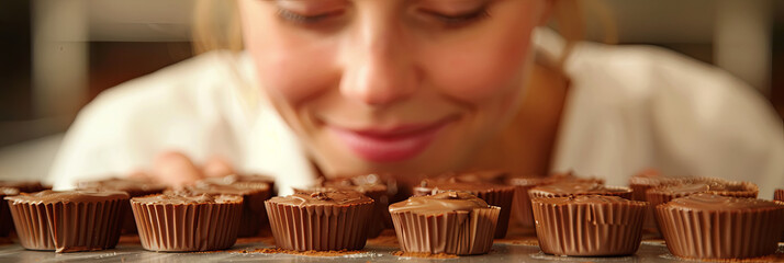 Wall Mural - A woman is looking at a tray of chocolate candies