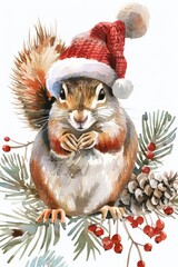 Wall Mural - Squirrel in Santa Hat Watercolor Painting