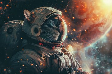 Poster - Cat in Space Suit with Planet Background