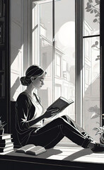 Wall Mural - young thoughtful girl reading a book near a large window