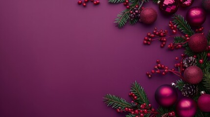 Wall Mural - Festive Christmas Background with Purple and Red Ornaments on Violet Backdrop. copy space. horizontal concept for New Year or Christmas banner