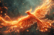 Golden mythological Phoenix bird soaring through the smokey air, immortal, live forever concept
