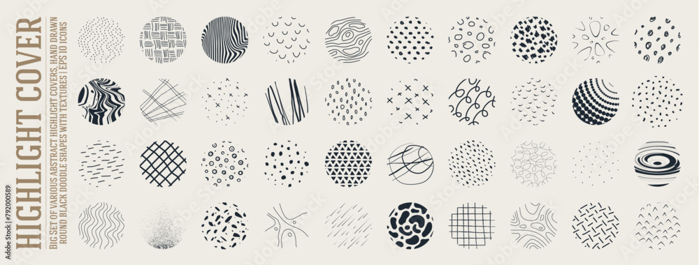 Big Set of various abstract highlight covers, hand drawn round black ...