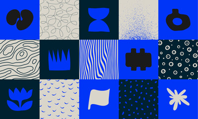 Aufkleber - Set of square abstract geometric compositions, Hand drawn playful naive geometric unusual shapes and texture, minimalistic bizarre collage in matisse style, flat color vector pattern set 2