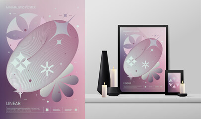 Leinwandbilder - Vector gradient minimalistic rave Poster with strange wireframes graphic assets of geometrical shapes Y2K design inspired by brutalism and mockup in the interior, illustration in pink pastel color