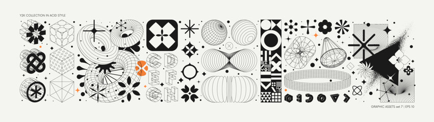 Leinwandbilder - Vector graphic assets set in acid style, retro futuristic background with wireframe elements of different forms, bold modern shapes for design template, poster, stickers, banner in Y2k style set 7