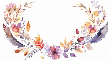 Poster - Watercolor Floral Wreath with Feathers
