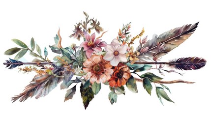 Poster - Flowers and Feathers Watercolor Painting