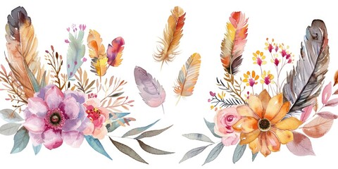 Poster - Flowers and Feathers on White Background