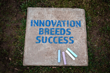 Wall Mural - innovation breeds success. colored pieces of chalk on a concrete pavement slab