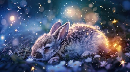 Sticker - Sleeping Rabbit in Grass with Flowers