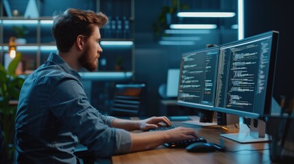 Poster - a software developer is engrossed in writing code on dual monitors, indicative of the concentration 