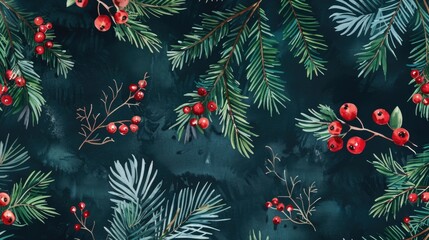 Poster - Evergreen Branches and Berries Watercolor Painting