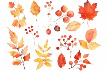 Poster - Watercolor Autumn Leaves and Berries Collection