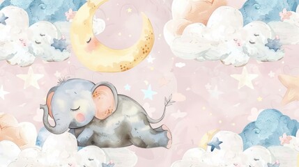 Poster - Sleeping Baby Elephant in Clouds