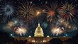 Fireworks display over Capitol Building at night. Independence Day celebration concept for poster and greeting card.
