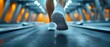 Mans feet running on treadmill at gym focused on achieving fitness goals. Concept Fitness Journey, Treadmill Workouts, Gym Motivation, Active Lifestyle, Running Progress