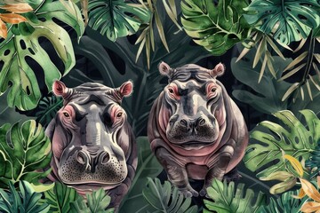Poster - Two Hippos Standing Together