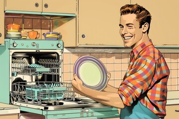 Poster - Man Holding Dishwasher in Kitchen