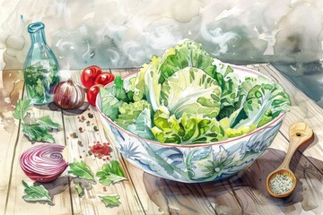 Bowl of lettuce on table